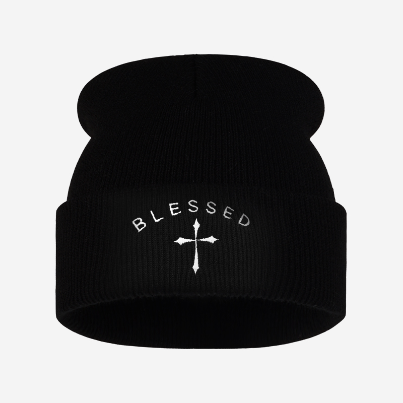 Beanie Cuffed Knit - Gorro de punto bordado con cruz